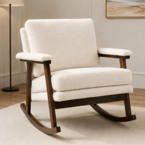 Nursery Rocking Chair for Adults and Small Spaces,White | Upholstered comfort, solid rubberwood frame, padded armrests, ideal for reading and relaxing