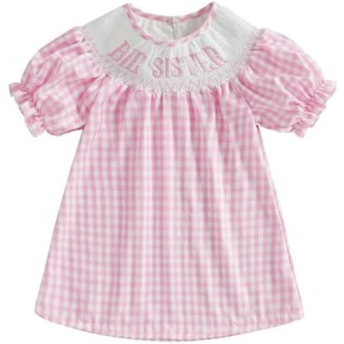 GOOCHEER Big Sister Baby Sister Matching Outfits Summer Short Sleeve Smocked Bubble Romper Plaid Smocked Dress Spring Clothes