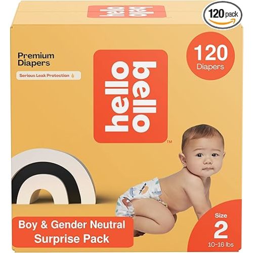 Hello Bello Diapers, Size 2 (10-16 lbs) Surprise Pack for Boys - 120 Count of Premium Disposable Baby Diapers, Hypoallergenic with Soft, Cloth-Like Feel - Assorted Boy & Gender Neutral Patterns
