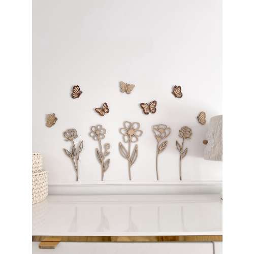 Wooden Wildflowers Wall Decor Set with Butterflies Baby Wall Art Kids Flowers Wall Decor Boho Nursery Decor Eco Friendly Nursery Decoration