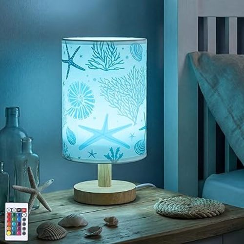 VIHOSE Ocean Table Lamp Beach Starfish Seashell Blue Night Light with Wood Base, 16 Color Dimmable Led, Fabric Shade Bedside Desk Lamp for Living Room Bedroom Home Decor Office Birthday Gifts