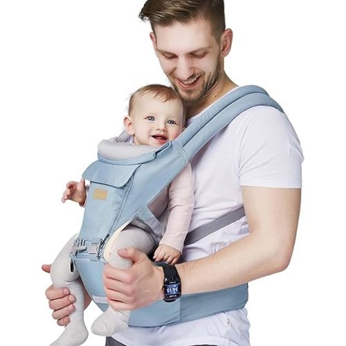 FRUITEAM 6-in-1 Baby Carrier with Waist Stool/Hip Seat for Breastfeeding, One Size Fits All - Adapt to Newborn, Infant & Toddler (Blue)