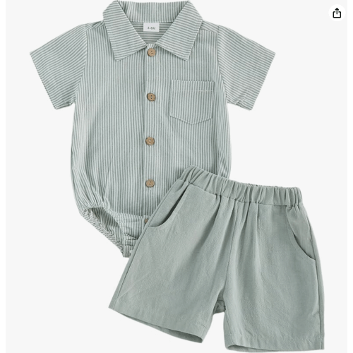 6-12 Months - Sasaerucure Baby Boy Summer Outfit Striped Button Down Short Sleeve Romper Solid Shorts 3 6 12 18 Months Boys Clothes