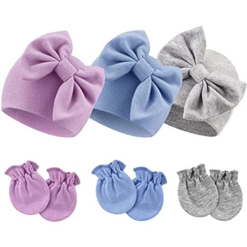 BQUBO Newborn Girls Hats Baby Hat and Mittens Set Infant Caps Bow Hospital Beanie with No Scratch Mittens for Baby Boys Girls