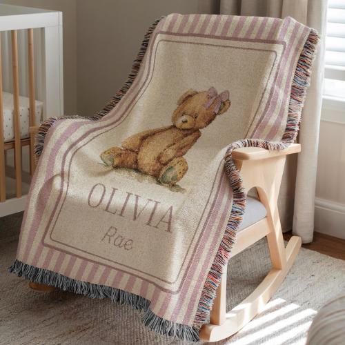Personalized Woven Teddy Bear Baby Girl Blanket Personalized Bear Blanket Custom Bear Blanket Bear Nursery Blanket Newborn Custom Name Throw