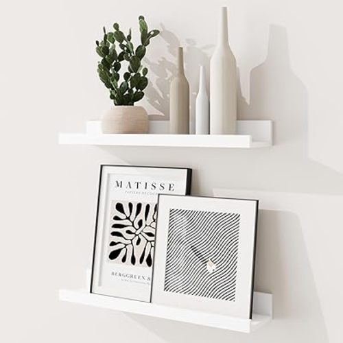 RICHFOCUS Picture Ledge Shelf, 16 inch Floating Shelves Set of 2, Wood Wall Shelves with Lip, Wall Decor Storage for Bedroom Living Room Bathroom Kitchen Nursery Photo Picture, White