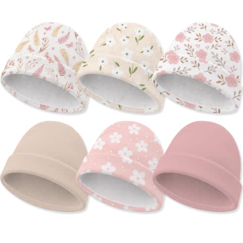 6 Pack Newborn Baby Hats Set Boho Floral Pink Soft Cotton Infant Toddler Beanies Caps Hospital Bag Essentials Baby Girl Shower Gifts 0-6 Months