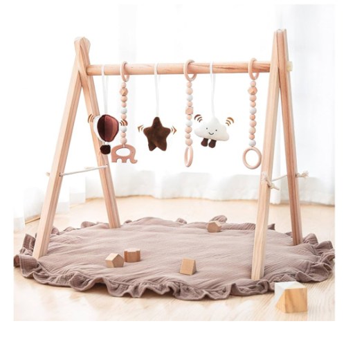 Razee Wooden Baby Play Gym Play Mat, Foldable Baby Gym with 6 Hanging Sensory Toys for Newborn Shower Gift