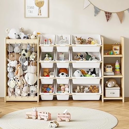 3-in-1 Toy Storage Organizer, Stuffed Animal Holder & 3-Tier Bookcase, Solid Wood Toy Organizer with 12 Storage Bins, Space-Saving Toy & Book Shelf for Kids Rooms, Bedroom, Playroom, White