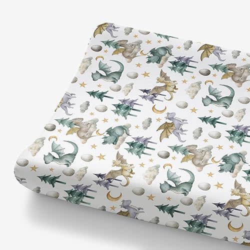 HawSkgFub Watercolor Cute Dragon Fairy Tale Changing Pad Cover for Baby Boy, Cloud Moon Star Dragons Egg Diaper Change Table Covers, Soft Stretchy Safe Snug Fitted Changing Mat Sheet Fit 32"/34" x 16"