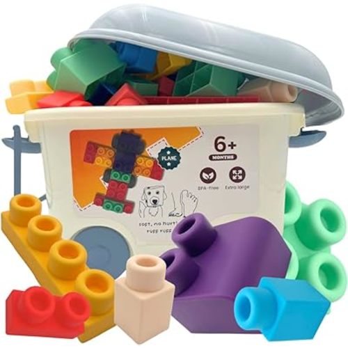 Large Soft Rubber Toddler Blocks, 50 Pieces in Storage Bin on Wheels - Includes Booklet, Toy, Gift, Birthday, 6m, 1-2, 2-4, 2-3, 3-5 Ages