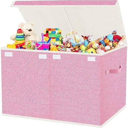 Large Collapsible Toy Storage Box with Lid & Handles - Kids Organizer Chest for Toys, Clothes, Blankets (Pink, Nursery, Playroom, Bedroom)-24.5''×13''×16''