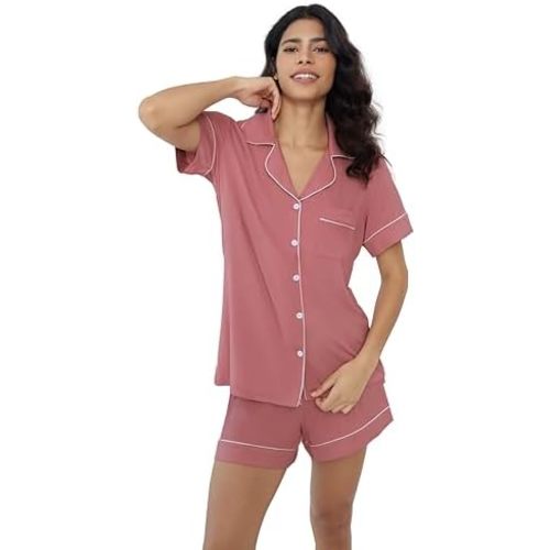 Cherrydew Women Bamboo Viscose Super Soft Comfy Summer Cooling Short Sleeve Button Down Pajama Shorts Set S-XXL