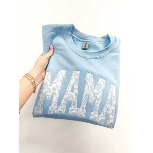 Mama Embroidered Applique Light Blue Grand Millinial sweatshirt. Mama blue floral sweatshirt embroidery