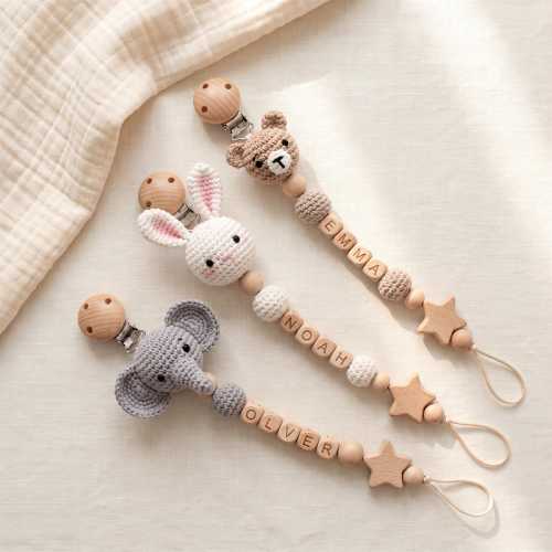 Custom Name Pacifier Holder with Crochet Animal, Personalized Baby Accessory, Handmade Newborn Keepsake and Baby Shower Present