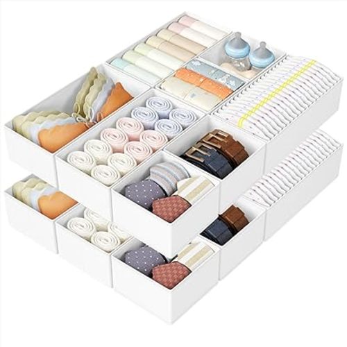 DIMJ Drawer Organizers Clothes, Set of 16 Dresser Organizer Bins, Fabric Closet Organizers and Storage, Shallow Drawer Dividers for Nursery, Clothing, Baby Clothes, Socks, Underwears, Tie (White)