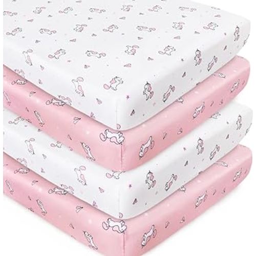 Girl Crib Sheets 4-Pack, Fitted Sheets 52'' x 28'' for Standard & Toddler Mattress, Soft Breathable Material, Neutral & Pink