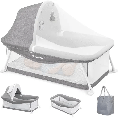 Ezebaby Portable Travel Bassinet for Baby 0-5 Months, Foldable Newborn Bassinet Baby Bed Infant Crib with Padded Mattress, Canopy, Mosquito Net, Carrying Bag