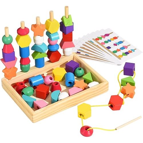 Montessori Bead Sequencing Set for Kids, Wooden Lacing Beads Toys for Toddlers, Matching Color Shape Stacker for 2 3 4 5 Years Old, Preschool Learning Educational Toys Gifts
