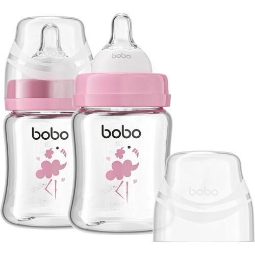 YOHKOH Glass Baby Bottles with Slow Flow Nipple, Newborn Anti-Colic Baby Bottles for 0+ Months, Wide Neck Feeding Bottle, Clear (Red, 5oz (Pack of 2))