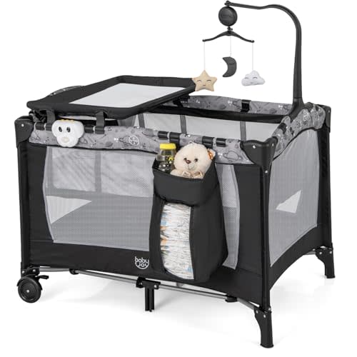 BABY JOY 3 in 1 Pack and Play, Portable Baby Playard with Bassinet, Changing Table, Lockable Wheels, Glowing Music Box, Travel Baby Crib Bassinet Bed from Newborn to Toddler