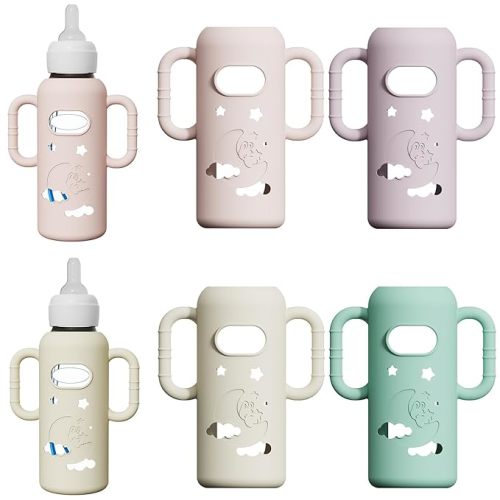 Paquete de 4 fundas de silicona para botellas de vidrio del Dr. Brown, fundas de botella de protección contra caídas con asas, protector de biberón antiroturas compatible con botellas de vidrio para