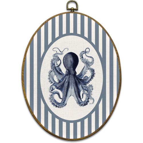 Mcehtle Coastal Beach Octopus Wall Art Decor, Ocean Beach Nursery Framed Canvas Prints 8.6x11.4, Blue Striped Octopus Ocean Oval Wall Hanging Artwork Decorations for Kids Nursery Room Bedroom Home