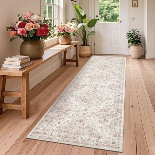 Washable Floral Runner Rug - Ultra-Soft Vintage Print Stain-Resistant Carpet Easy-Clean Distressed Floor Mat for Hallway Laundry Room Bedroom