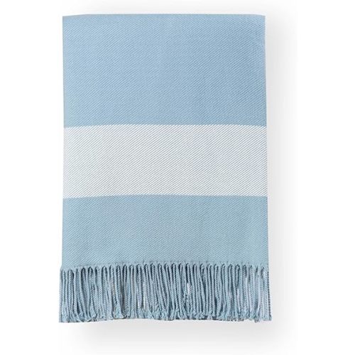 Hofdeco Premium Coastal Decorative Throw Blanket for Patio Couch Sofa, Baby Blue Plaid with Fringe, 51"x71"