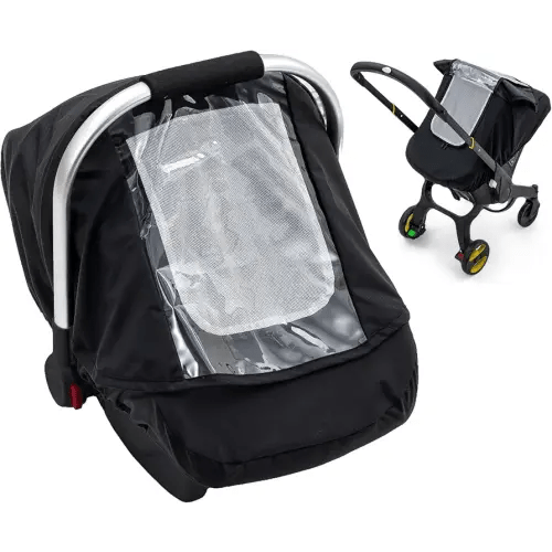 Waterproof Baby Car Seat Cover, Infant Car Seat Rain Cover with Clear Window & Breathable Mesh, Universal Baby Carrier Cover with Support Rod to Prevent Collapse, Lightweight Canopy Weather Shield