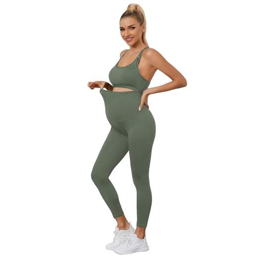 Floerns Women's Maternity 2 Piece Outfit Scoop Neck Crop Tank Top Legging Set