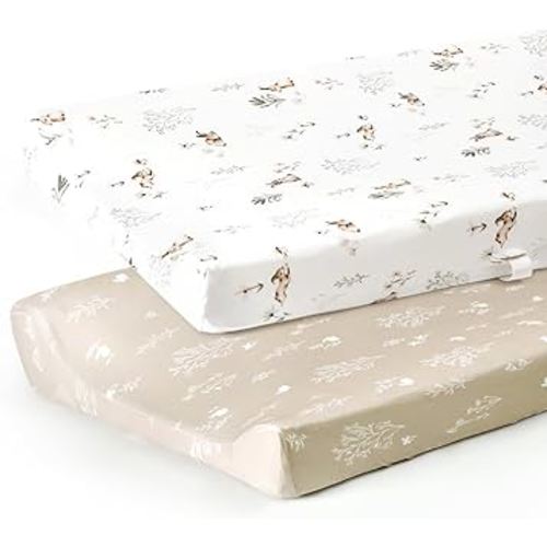 GRSSDER Stretch Ultra Soft Jersey Knit Changing Pad Cover Set 2 Pack, Change Table Pad Covers Fit 32"/34" x 16" Pads Safe and Snug, Pretty Pattern for Boys and Girls, Stylish Watercolor Rabbit Pattern