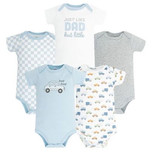 Hudson Baby Infant Boys Cotton Bodysuits 5-Pack, Blue Checker Car, 3-6 Months