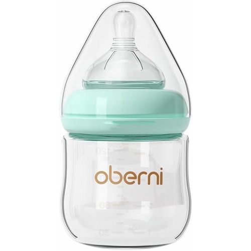 Oberni Glass Baby Bottles,Anti Colic Breastfeeding Bottle with Natural Response Nipple Size S,Wide Neck Slow Flow Baby Bottle for Baby,Newborn,Preemie 0-3 0-6 Month,BPA Free (Blue, 1 Pack, 4 Ounce)