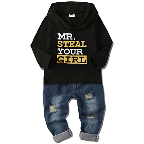 YALLET Toddler Baby Boy Clothes, Long Sleeve Letter Hoodies Top+Ripped Denim Pants 2pcs Fall Winter Outfit Sets