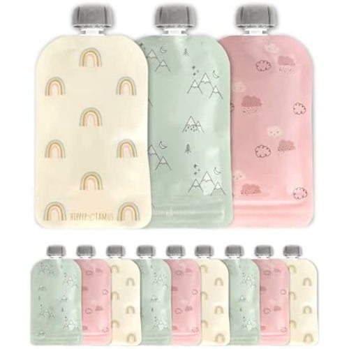 Hippypotamus Reusable Baby Food Pouches - 12 Pack - Baby Food Storage - Pouches Toddler - Refillable Squeeze Pouch for Kids (Rainbow/Mountain/Cloud)