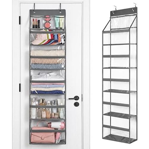 Yecaye 6 Tier Clear Over the Door Organizer, 5 Large PVC Pockets Door Hanger Organizer, 44lbs Capacity Closet Storage for Clothes Stuffed Animals and Cosmetics, Bathroom Bedroom Nursery Dorm RV, Grey