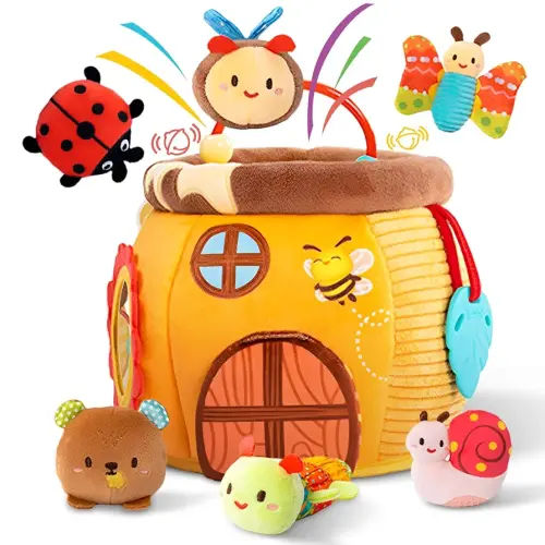 Baby Toys 6-12 Months - Montessori Toys for 6 Month Old Girl, My First Honey Pot House with Stuffed Animals, Rattle, Crinkle Paper, Mirror, Sensory Toddler Toy for 1 Year Old Girl Gifts