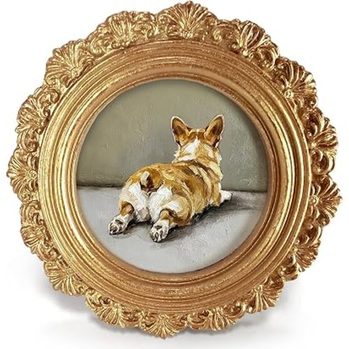 Small Vintage Dog Corgi Butt Round Picture Frame Wall Decor, Funny Cute Gold Mini Ornate Photo Frame for TableTop Desk 2.7in Photo, Farmhouse Rustic Framed Artwork for Walls Office Bedroom
