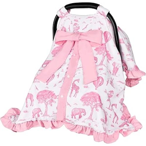 TANOFAR Ruffle Baby Girls Car seat Cover, Peekaboo Opening Car Seat Cover for Babies, Soft and Breathable Infant Carrier Canopy, Multi-use Baby Carrier, Pink Animal
