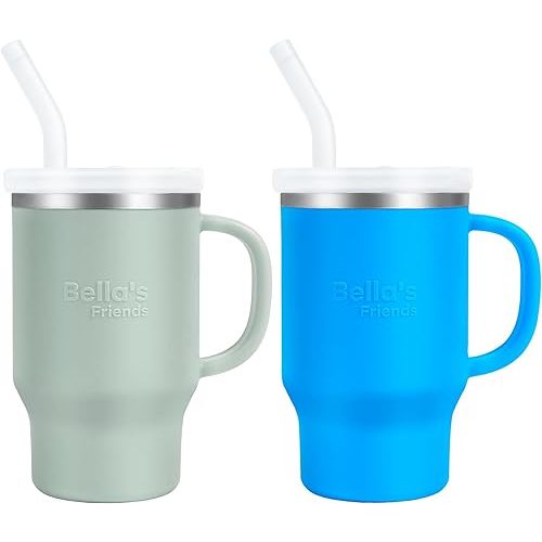Bella's Friends Handy Mini Tumbler – Adorable 9 oz Toddler Sippy Cup, Stainless Interior & Silicone Body, Leak‑Proof, Dishwasher Safe, Gift for 1-3 Years Old Girls&Boys, 2 Pack, Azure Blue&Seafoam