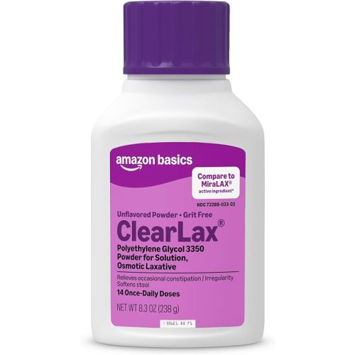 Amazon Basics ClearLax, Polyethylene Glycol 3350 Powder for Solution, Osmotic Laxative, Unflavored, 8.3 Ounce (Pack of 1) (Previously Care)