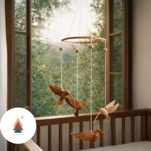 Handmade Wooden Nursery Baby Mobile - Hummingbird wooden hand carved crib mobile