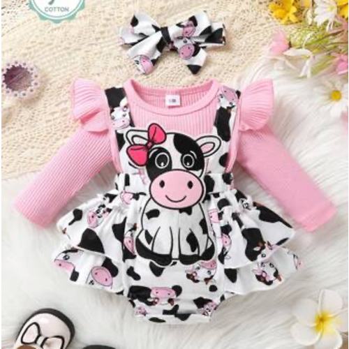 2pcs Set Casual Elegant Sweet Cute Baby Girl Romper, Soft & Comfortable, 3D Cow Shape Layered Ruffle Romper Dress & Headband | SHEIN USA