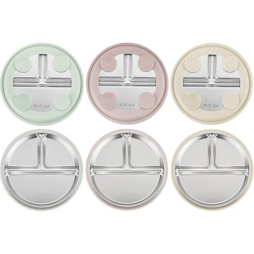 PandaEar 3 Pack Stainless Steel Toddler Plates with Suction, Divided Plates with Removable Silicone Sleeve for Babies & Toddlers(Pink/Green/Linen)