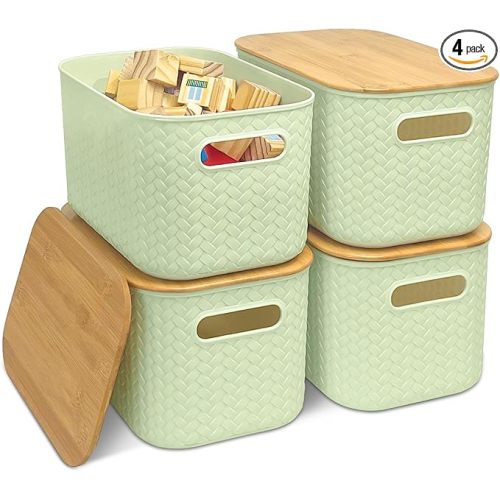 Soddeph 4 Packs Plastic Storage Bins with Bamboo Lids,Stackable Storage Containers with Lids, Storage Baskets for Organizing Desktop, Classroom, Office (Green)