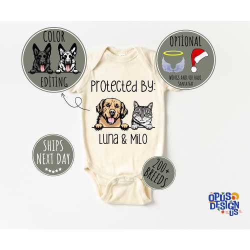 Protected by Pets Onesie®, Custom Dogs and Cats Onesie®, Personalized Baby Gift, Custom Dog and Cat Breeds, Baby Shower Gift, Baby Gift 02