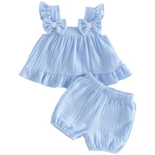 BeQeuewll Toddler Baby Girl Clothes Summer Linen Outfit Sleeveless Tie Up Tank Tops+Ruffled Shorts Little Girls 2 Pieces