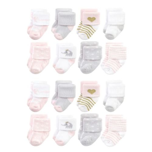 Hudson Baby Cotton Rich Baby Terry Socks 16-Pack, Pink Gray Elephant, 0-6 Months