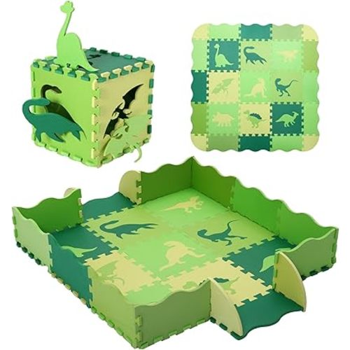 Foam Play Mat for Kids，25Pcs Square Interlocking Puzzle Floor Mat，Baby Play Mat Floor Mat Foam Puzzle Playmat for Toddlers with Fence - Green Dinosaurs
